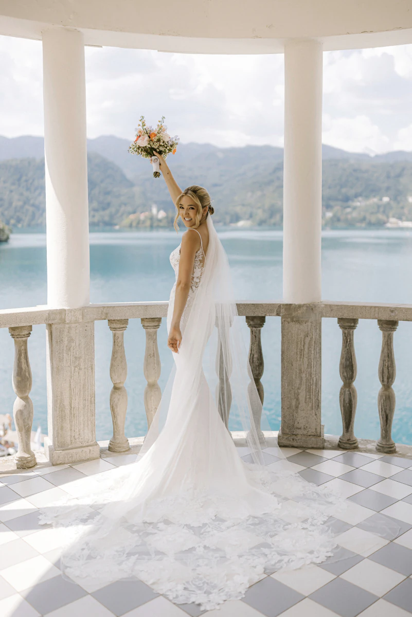 Bride in the pavilion above Lake Bled