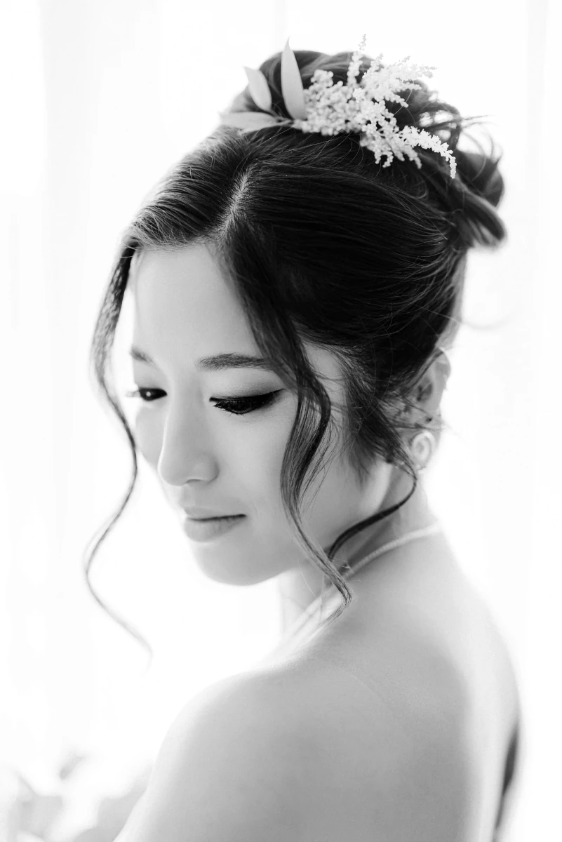 Bride with an elegant updo, black and white